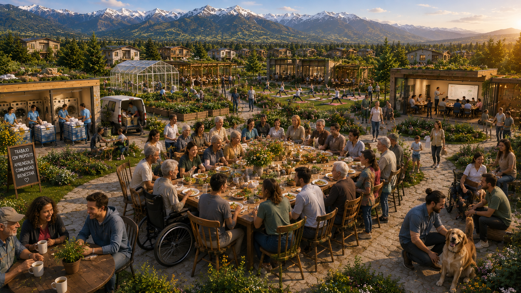Yumanity community gathering with shared meal, work and wellness