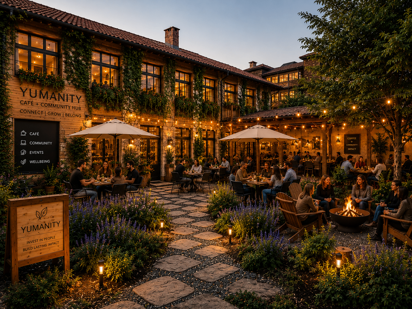 Yumanity social café and community hub at dusk